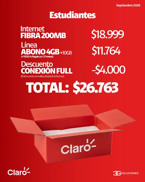 Box Estudiantes Claro: Internet Fibra 200MB $18.999, Línea Abono 4GB (+10GB de regalo por 12 meses) $11.764, Descuento Conexión Full -$4.000. Total: $26.763.