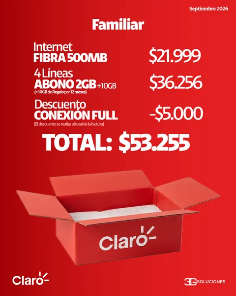 Box Familiar Claro: Internet Fibra 500MB $21.999, 4 Líneas Abono 2GB (+10GB de regalo por 12 meses) $36.256, Descuento Conexión Full -$5.000. Total: $53.255.
