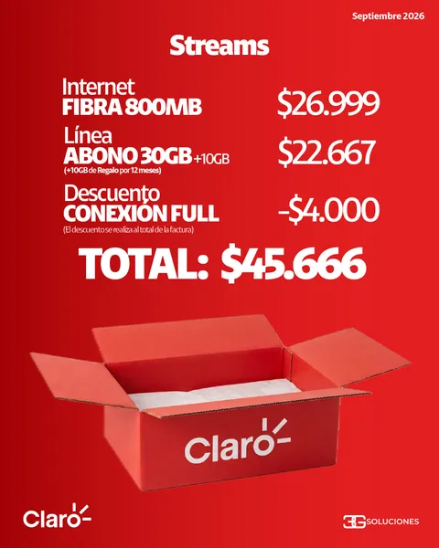 Box Streams Claro: Internet Fibra 800MB $26.999, Línea Abono 30GB (+10GB de regalo por 12 meses) $22.667, Descuento Conexión Full -$4.000. Total: $45.666.